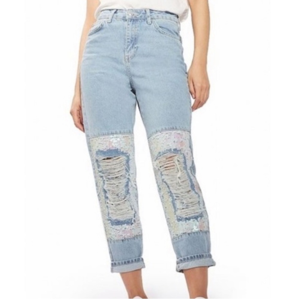 NWT Topshop Moto Mom Jeans with Sequins size 34